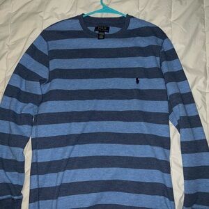 Polo by Ralph Lauren Men's Navy and Light Blue Striped Long Sleeve Tee